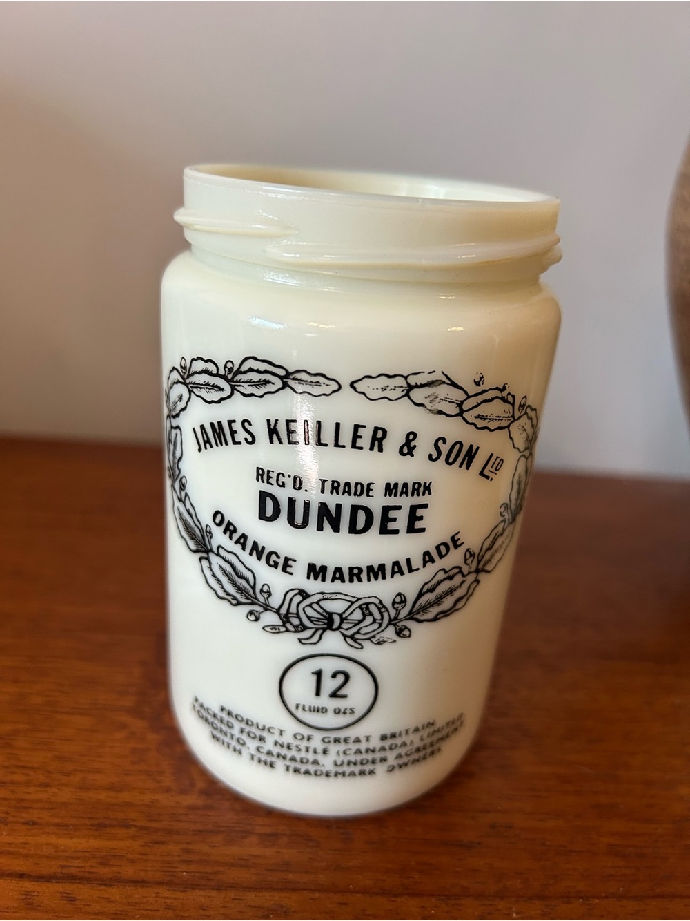 Vintage 70s James Keiller & Son Dundee Orange Marmalade Milk Glass Jar Cream
